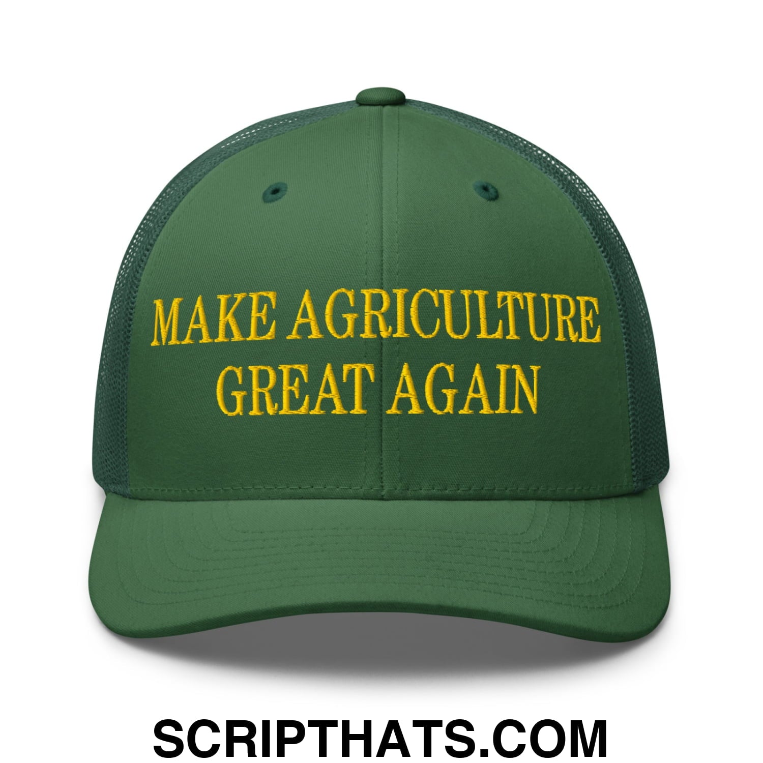 A dark green mesh trucker hat with yellow embroidered text reading make agriculture great again on the front