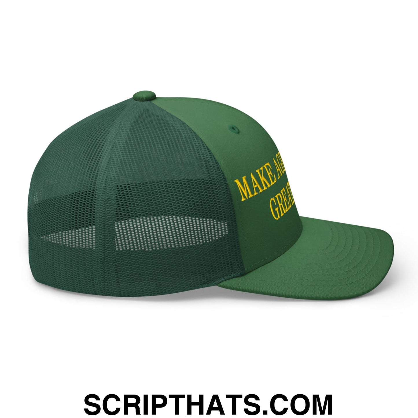 Dark green mesh trucker hat with yellow embroidered make america great again text on front panel