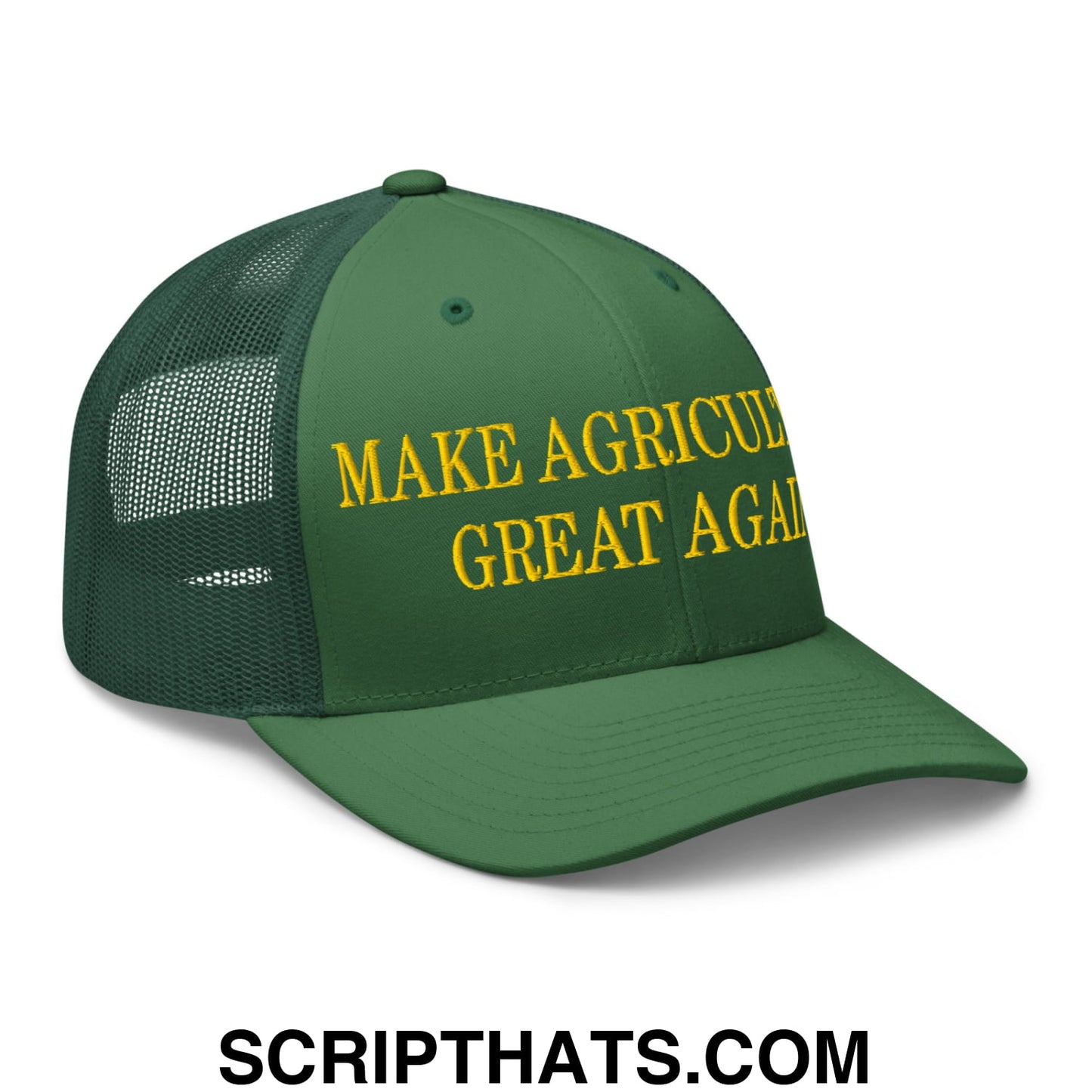 Green mesh trucker hat with yellow embroidered text make agriculture great again on front panels