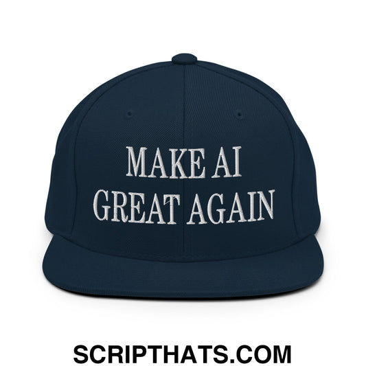 Navy blue snapback cap with white embroidered make ai great again text and flat bill brim for casual wear