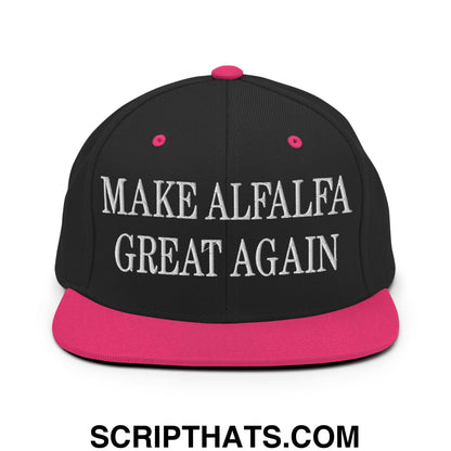 Black snapback cap with vibrant pink brim and button featuring white embroidered make alfalfa great again text