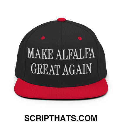 Black and red snapback hat with white embroidered make alfalfa great again text and flat bill brim design