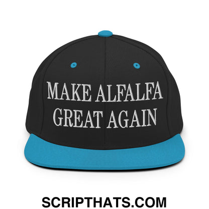 Black snapback cap with white embroidered make alfalfa great again text and teal flat bill brim button eyelets