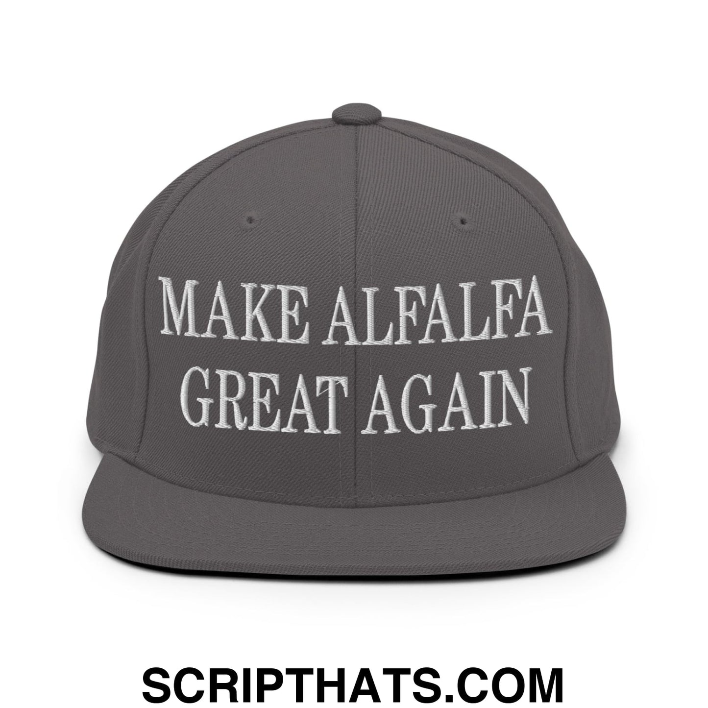 Gray snapback hat with white embroidered make alfalfa great again text and flat bill brim design