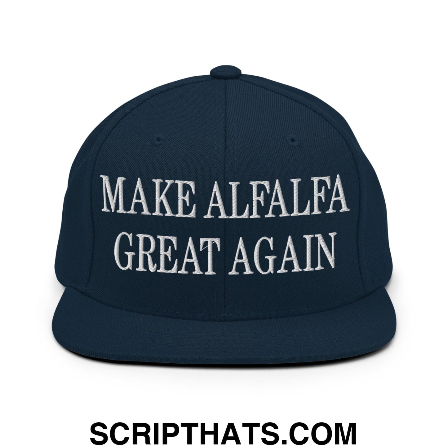 Navy blue snapback hat with white embroidered make alfalfa great again text and flat bill brim design