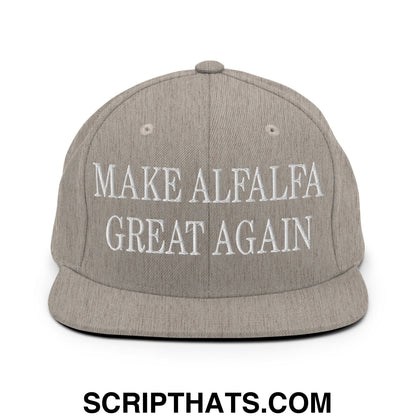Gray snapback hat with white embroidered make alfalfa great again text and flat bill brim design