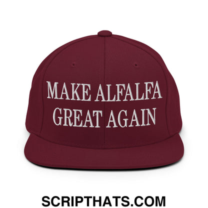 Maroon flat bill snapback hat with white embroidered text make alfalfa great again for casual wear