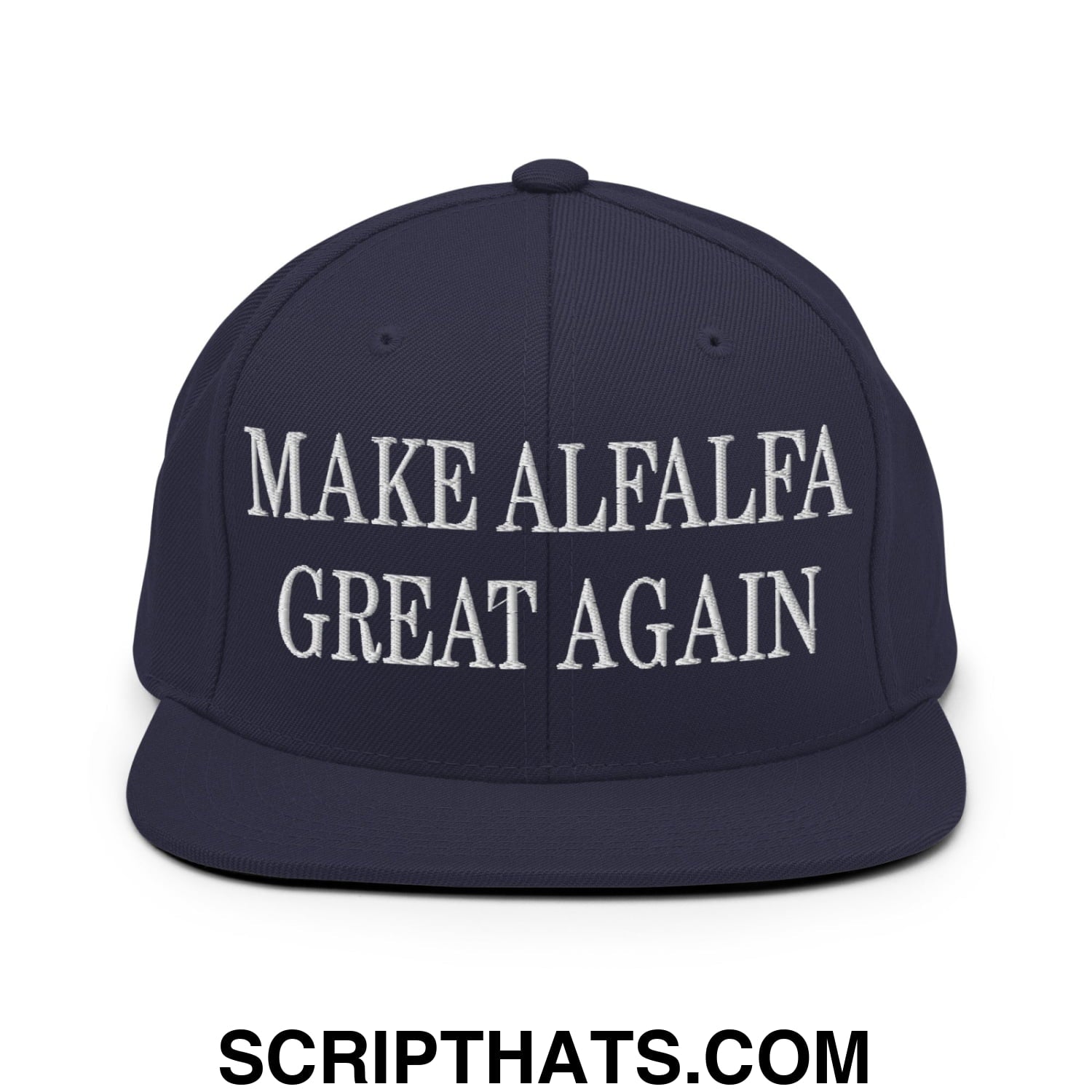 Navy blue snapback hat with white embroidered make alfalfa great again text and a flat bill brim design