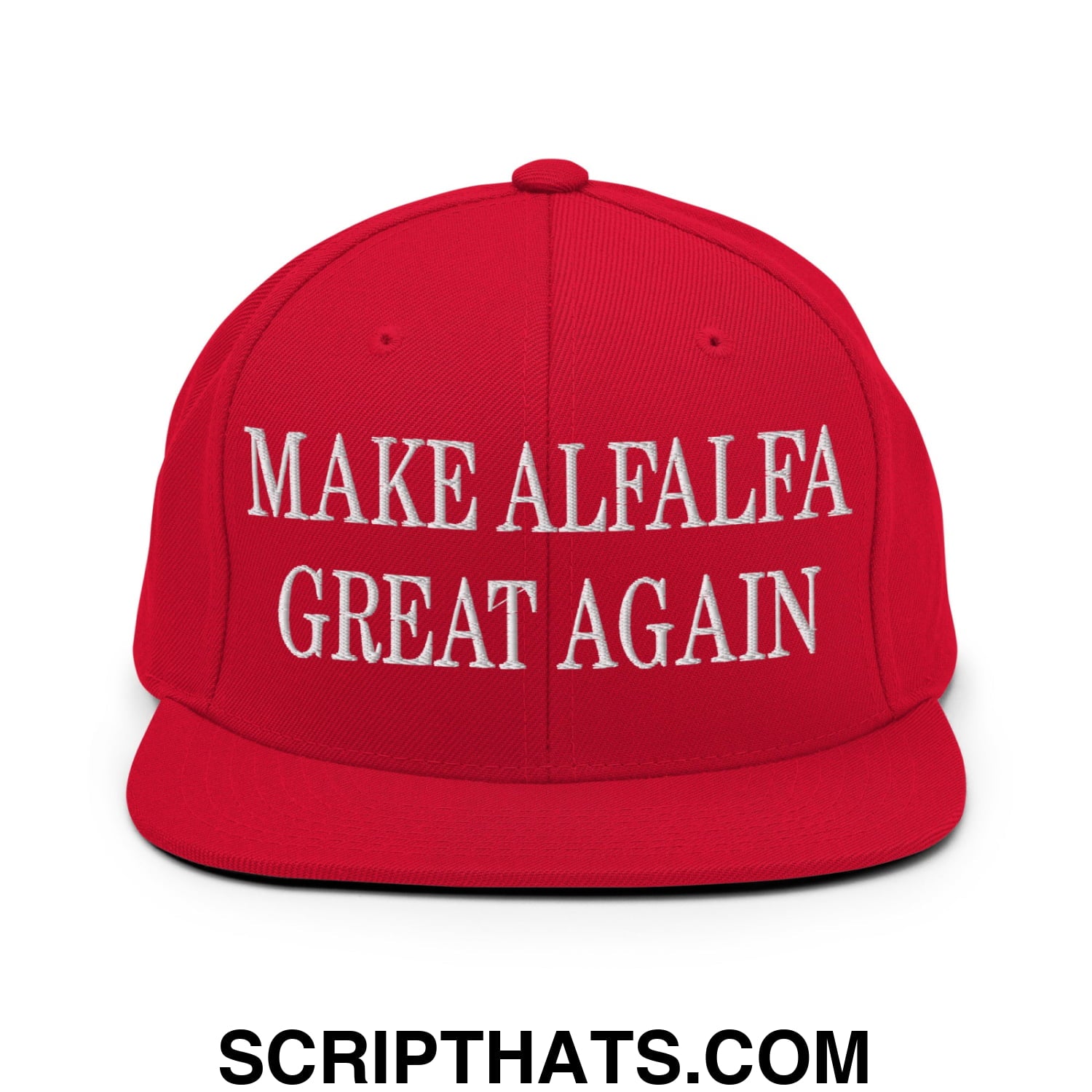 Red snapback cap with white embroidered make alfalfa great again text and flat bill brim in cotton material