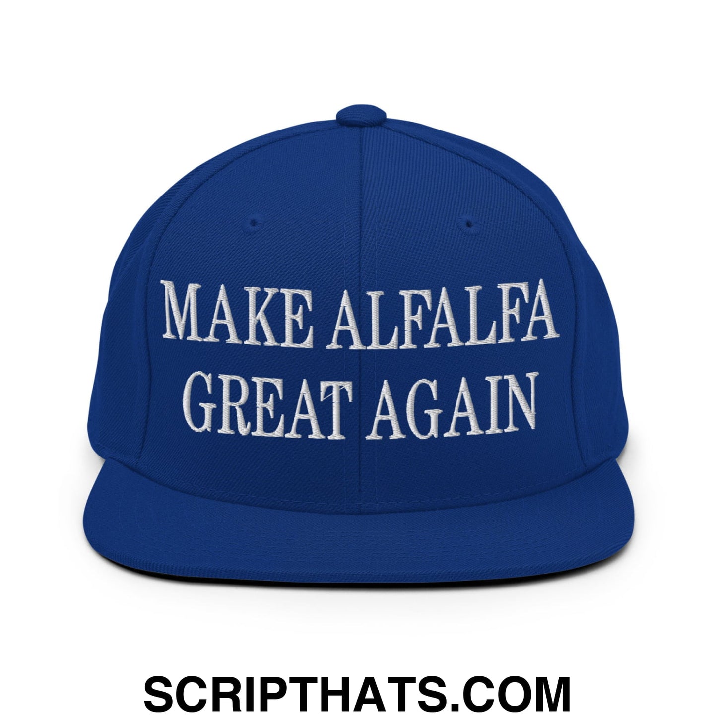 Royal blue snapback hat with white embroidered make alfalfa great again text and flat bill brim design