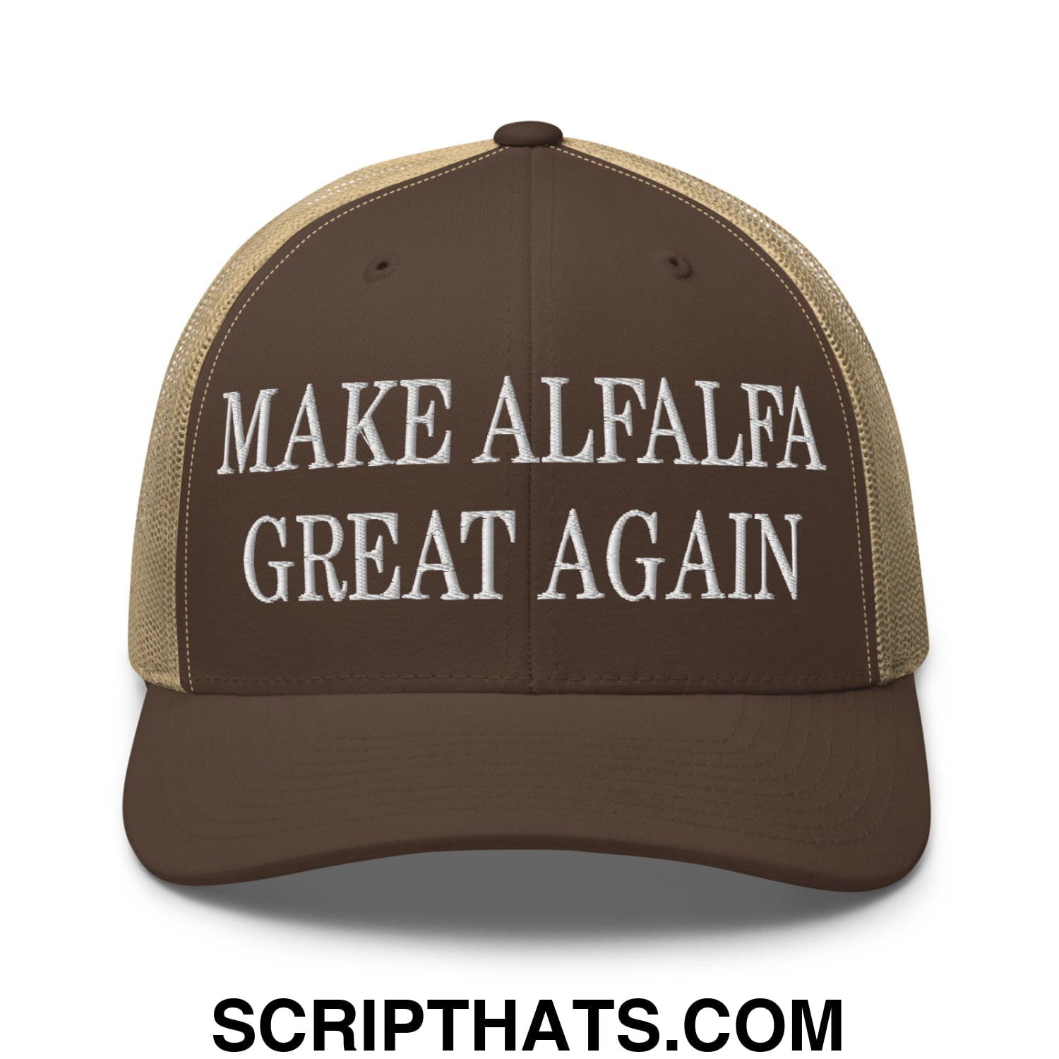 Brown and tan mesh trucker hat with white embroidered make alfalfa great again text on front panel
