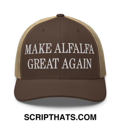 Brown and tan mesh trucker hat with white embroidered make alfalfa great again text on front panel