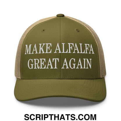 Olive green and beige mesh trucker hat with white embroidered text make alfalfa great again