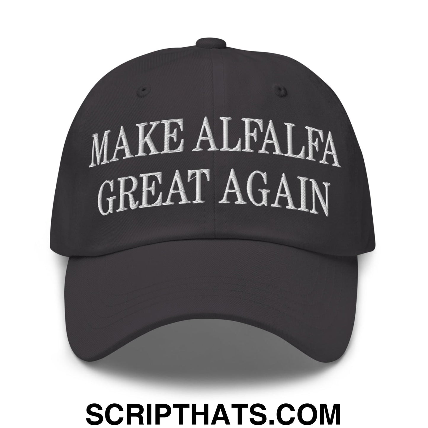 Black unstructured dad hat with white embroidered make alfalfa great again text for casual wear