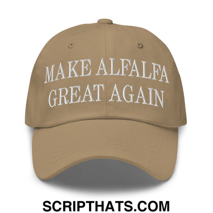 Tan unstructured dad hat with white embroidered text reading make alfalfa great again front view