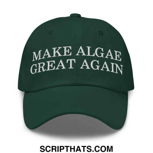 Dark green unstructured dad hat with white embroidered text make algae great again ideal for casual wear