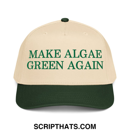 Beige and dark green baseball snapback hat with green embroidered text make algae green again on front panel