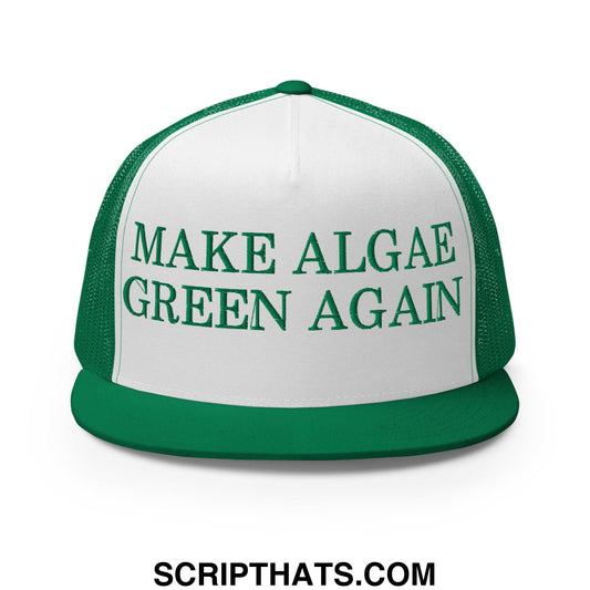 Green and white mesh trucker hat with flat bill brim and embroidered make algae green again text