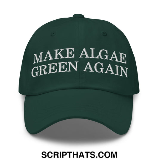 Dark green embroidered unstructured dad hat with white make algae green again text for casual wear