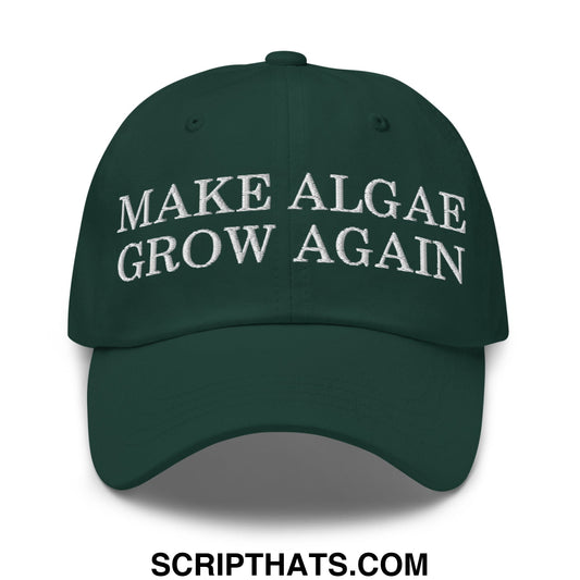 Dark green unstructured dad hat with white embroidered text make algae grow again designed for casual wear