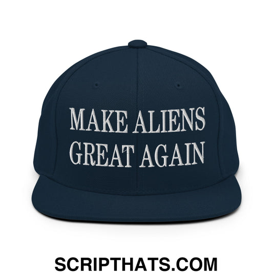 Navy blue snapback hat with white embroidered make aliens great again text and flat bill brim design
