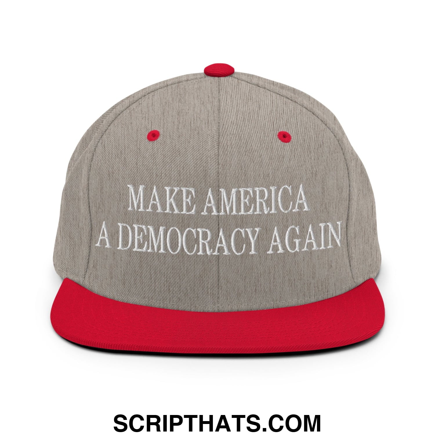 Gray and red snapback cap with white embroidered text make america a democracy again on the front panel