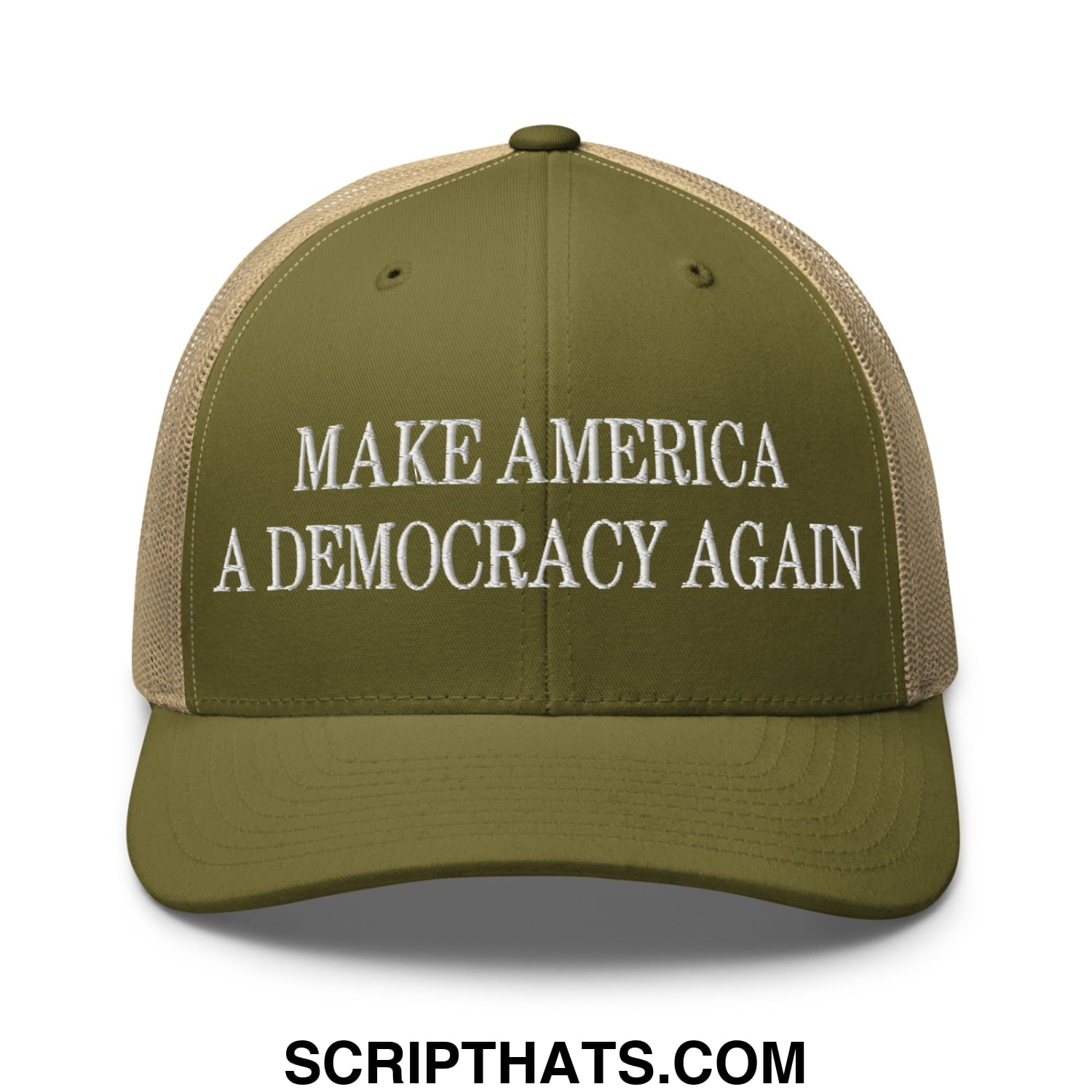 Olive green and tan mesh trucker hat with white embroidered make america a democracy again text