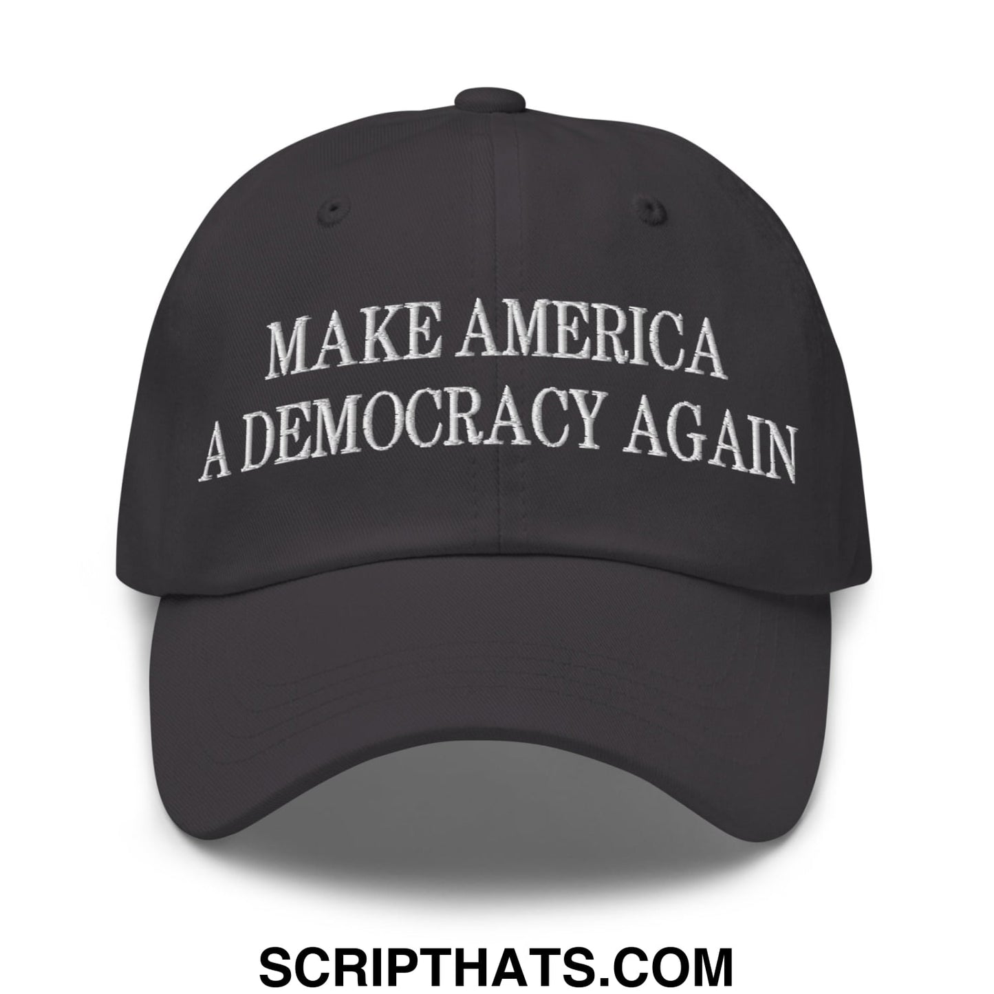 Black embroidered unstructured dad hat with make america a democracy again text for casual wear