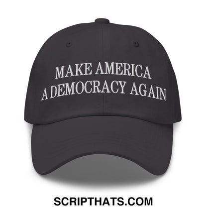 Black embroidered unstructured dad hat with make america a democracy again text for casual wear