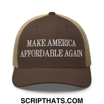 Make America Affordable Again Embroidered Mesh Trucker Hat Brown Khaki