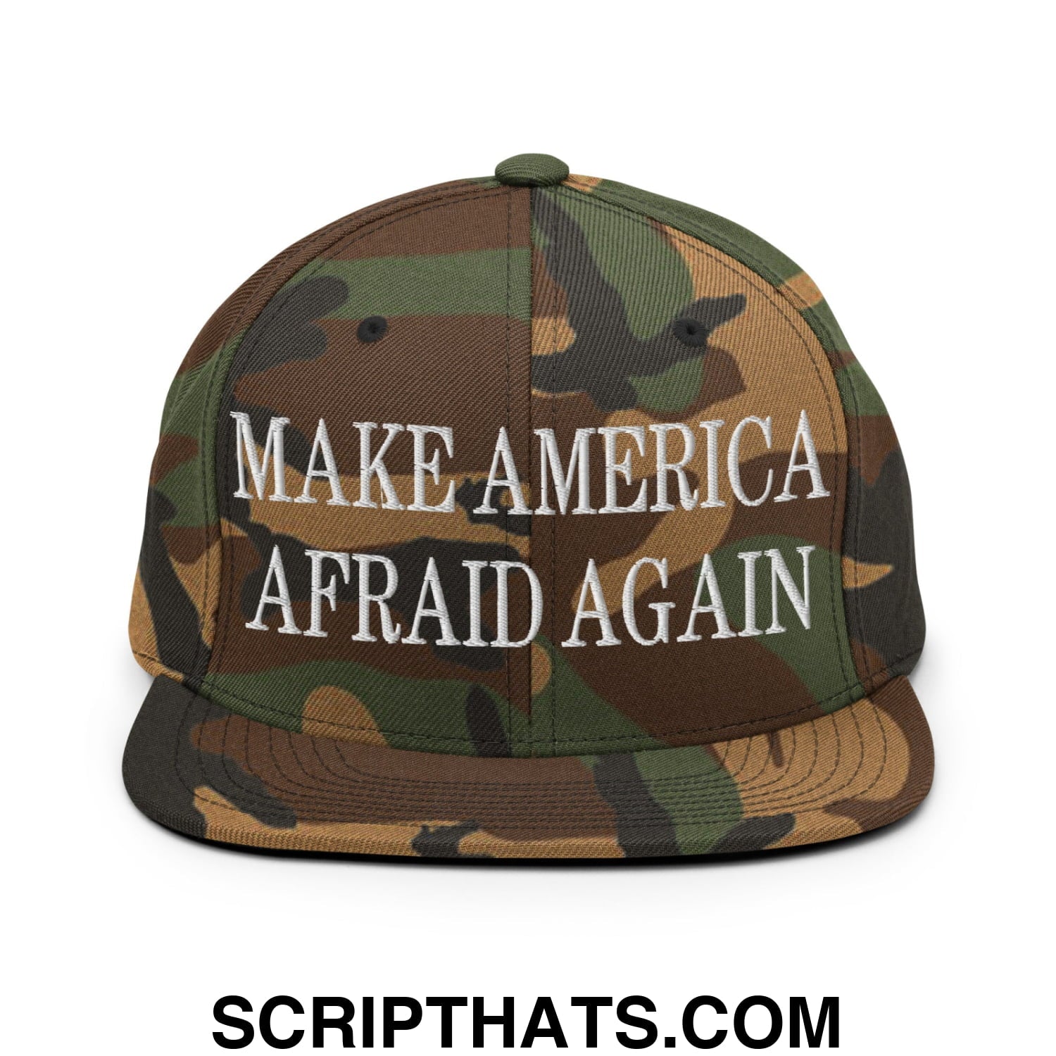 Make America Afraid Again camouflage snapback hat with flat bill and white embroidered text on front panel
