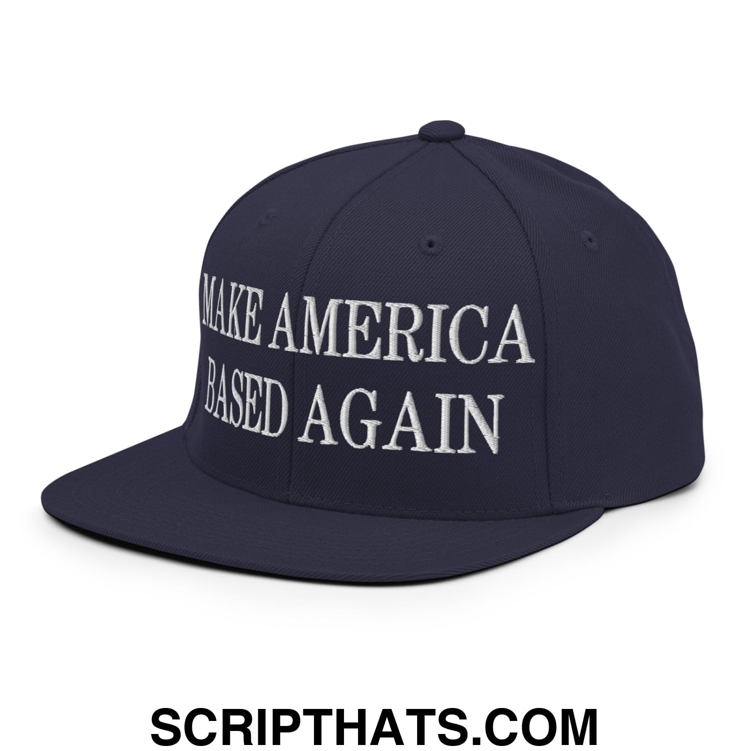 Navy blue snapback hat with white embroidered make america based again text and flat bill brim design