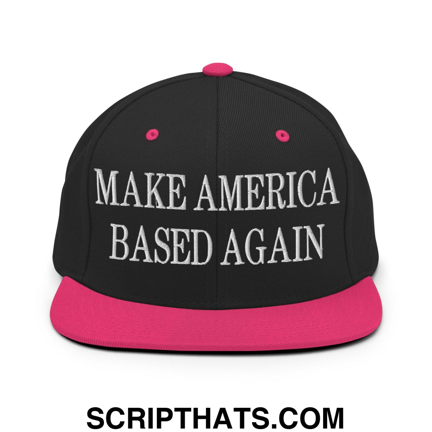Black snapback hat with vibrant pink brim and button featuring white embroidered text make america based again
