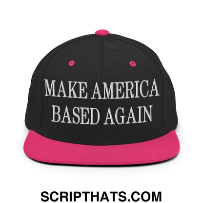 Black snapback hat with vibrant pink brim and button featuring white embroidered text make america based again