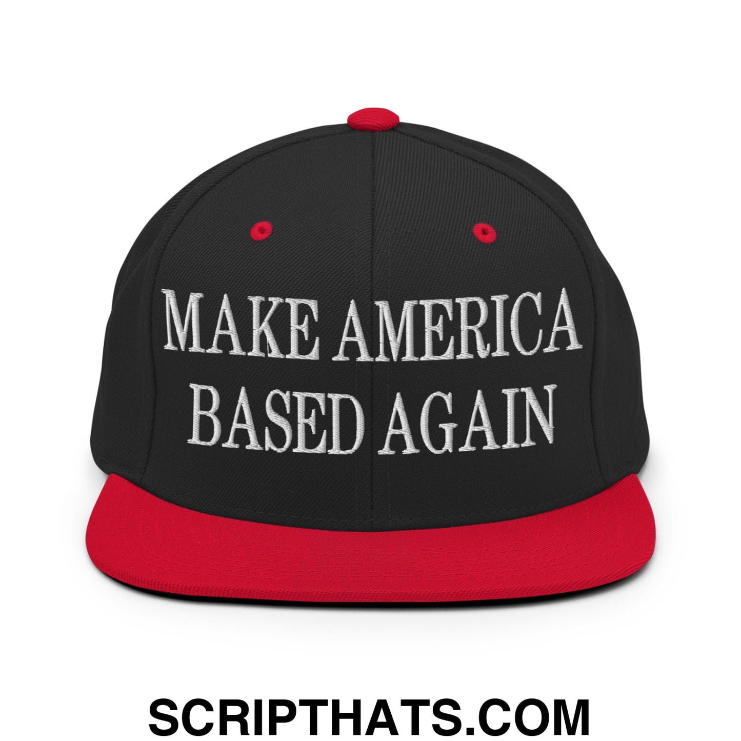 Black snapback cap with red brim and button featuring white embroidered text make america based again