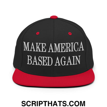 Black snapback cap with red brim and button featuring white embroidered text make america based again