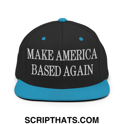 Black snapback hat with teal brim and white embroidered text make America based again flat bill brim design