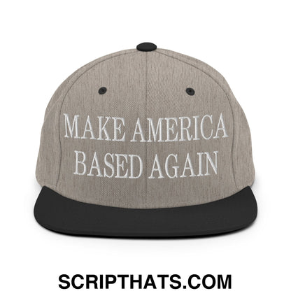 Gray and black snapback cap with white embroidered make america based again text and flat bill brim