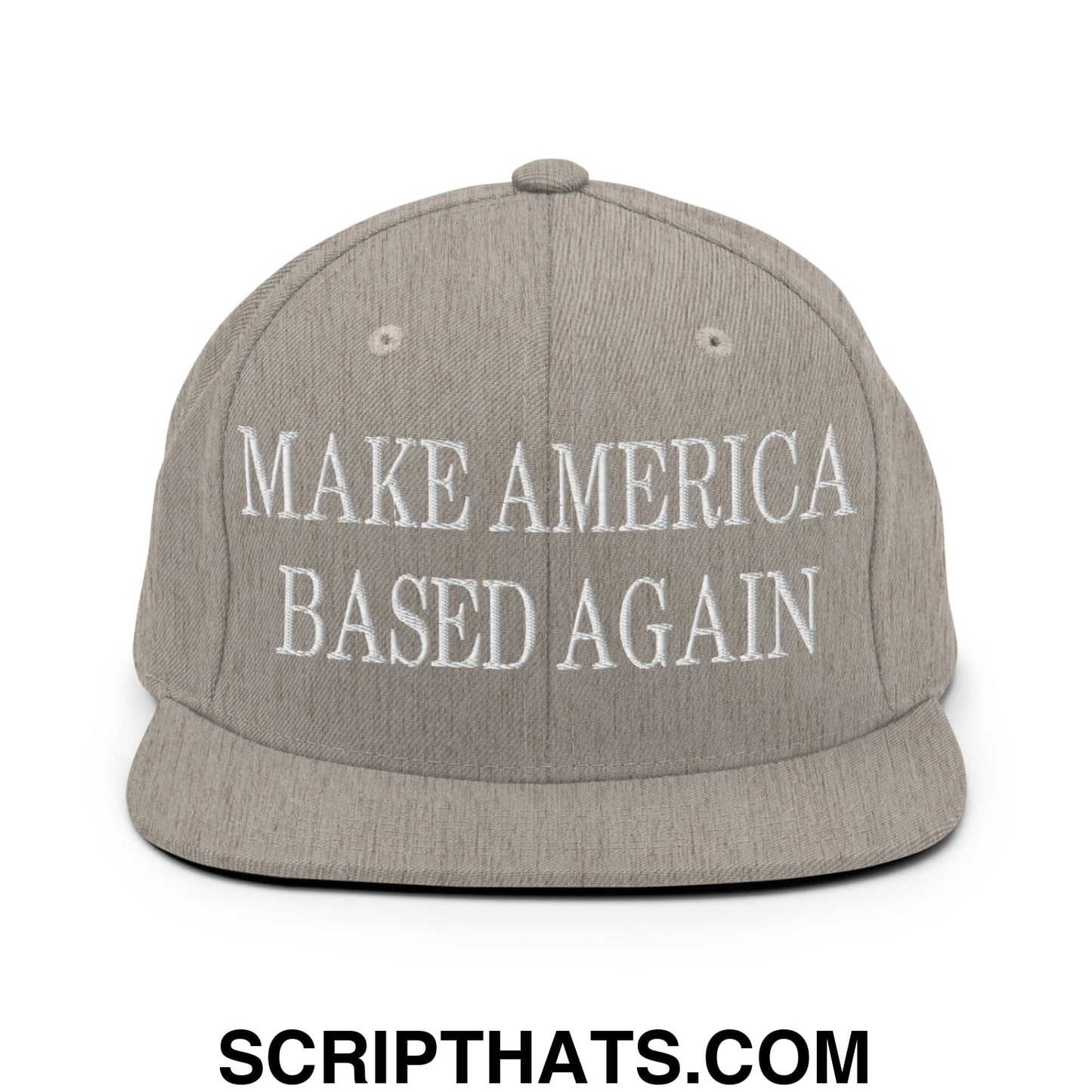 Gray snapback hat with white embroidered make america based again text and a flat bill brim design