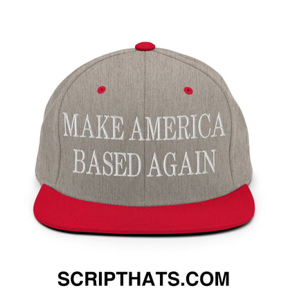 Gray and red snapback cap with white embroidered make america based again text and flat bill brim design