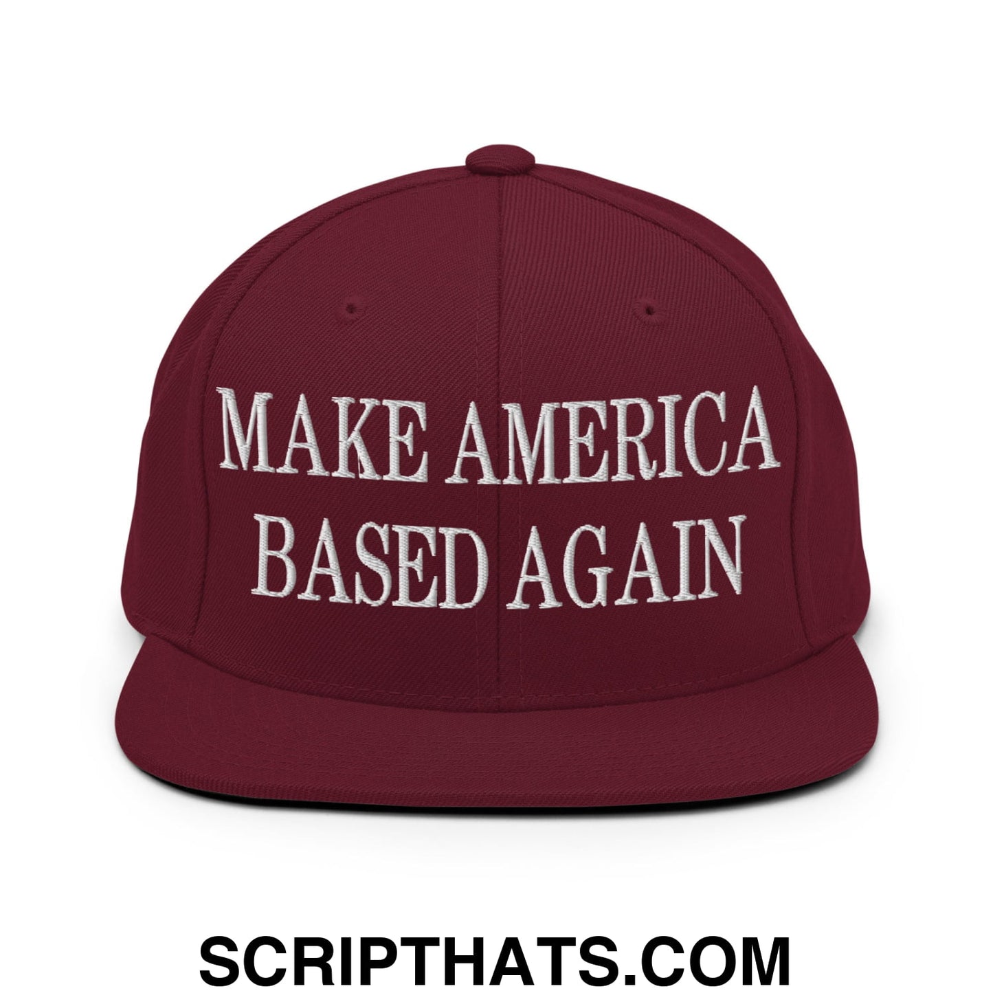 Maroon make america based again embroidered flat bill brim snapback hat with white text and adjustable closure