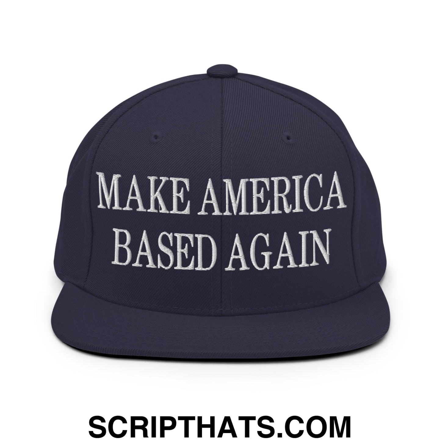 Navy blue snapback hat with white embroidered text Make America Based Again and flat bill brim design