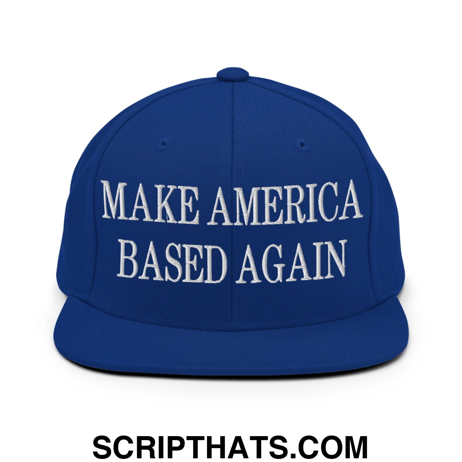 Royal blue snapback hat with white embroidered make america based again text and flat bill brim design