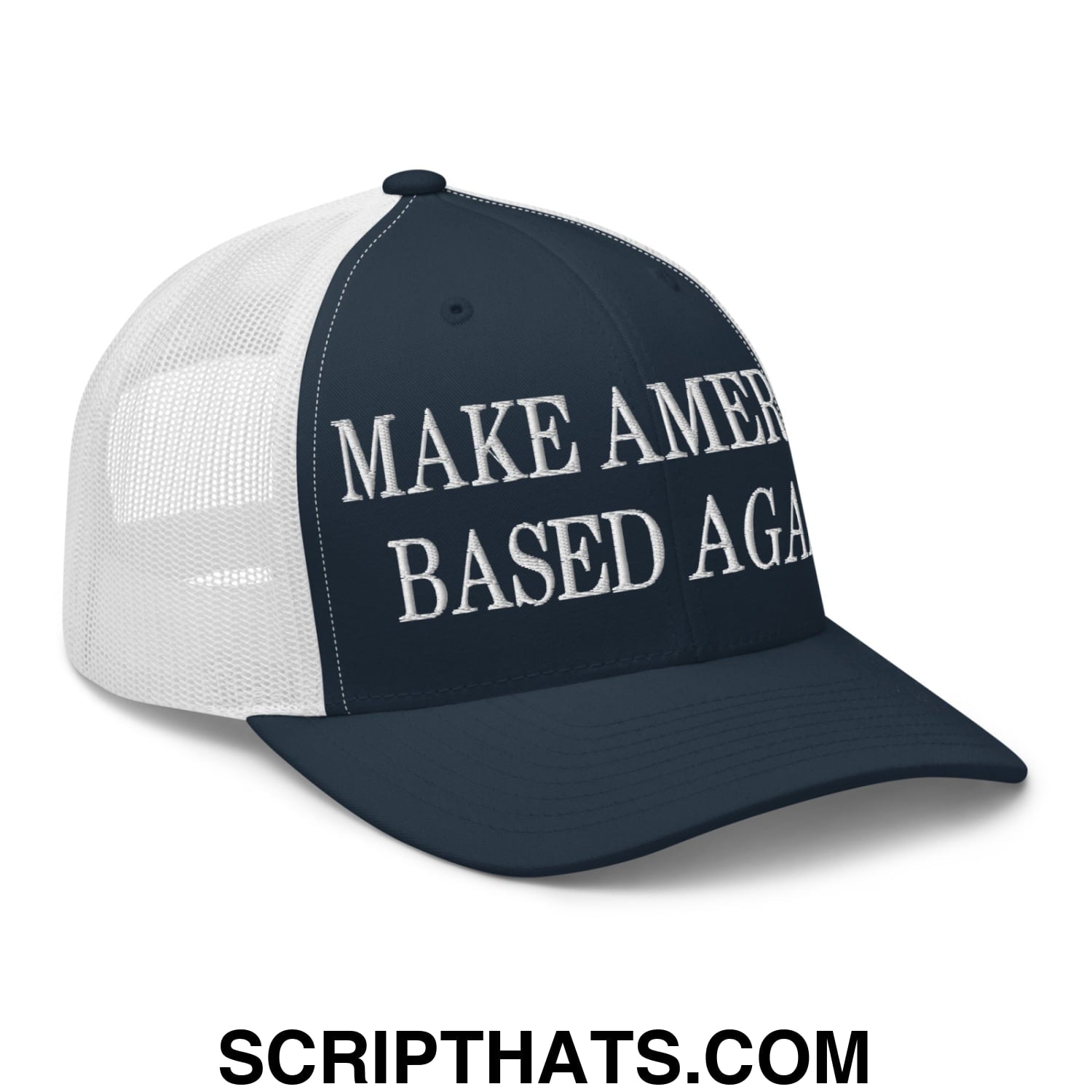 Navy blue and white mesh trucker hat with embroidered make America based again text in bold capital letters