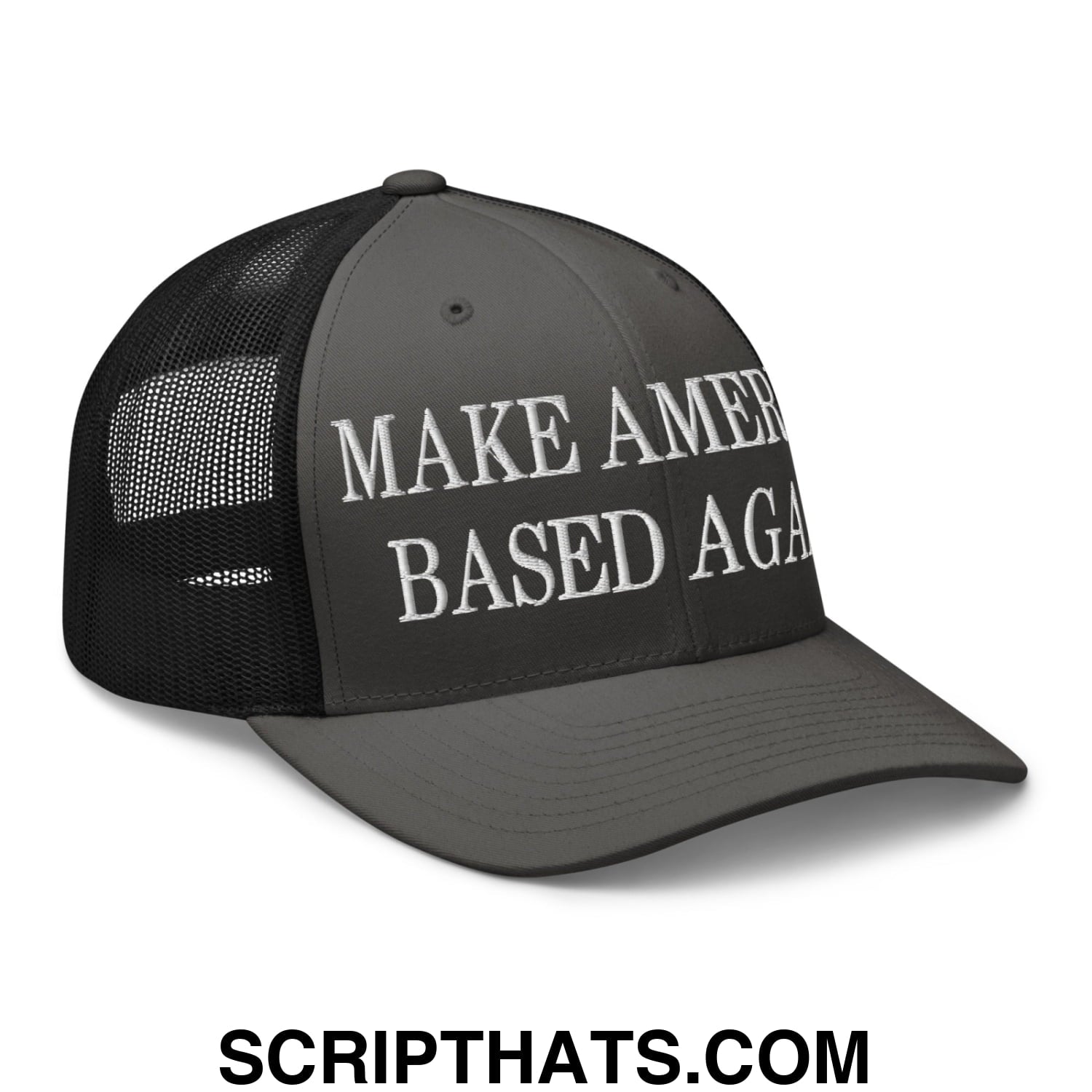 Black mesh trucker hat with white embroidered make America based again text on the front panel