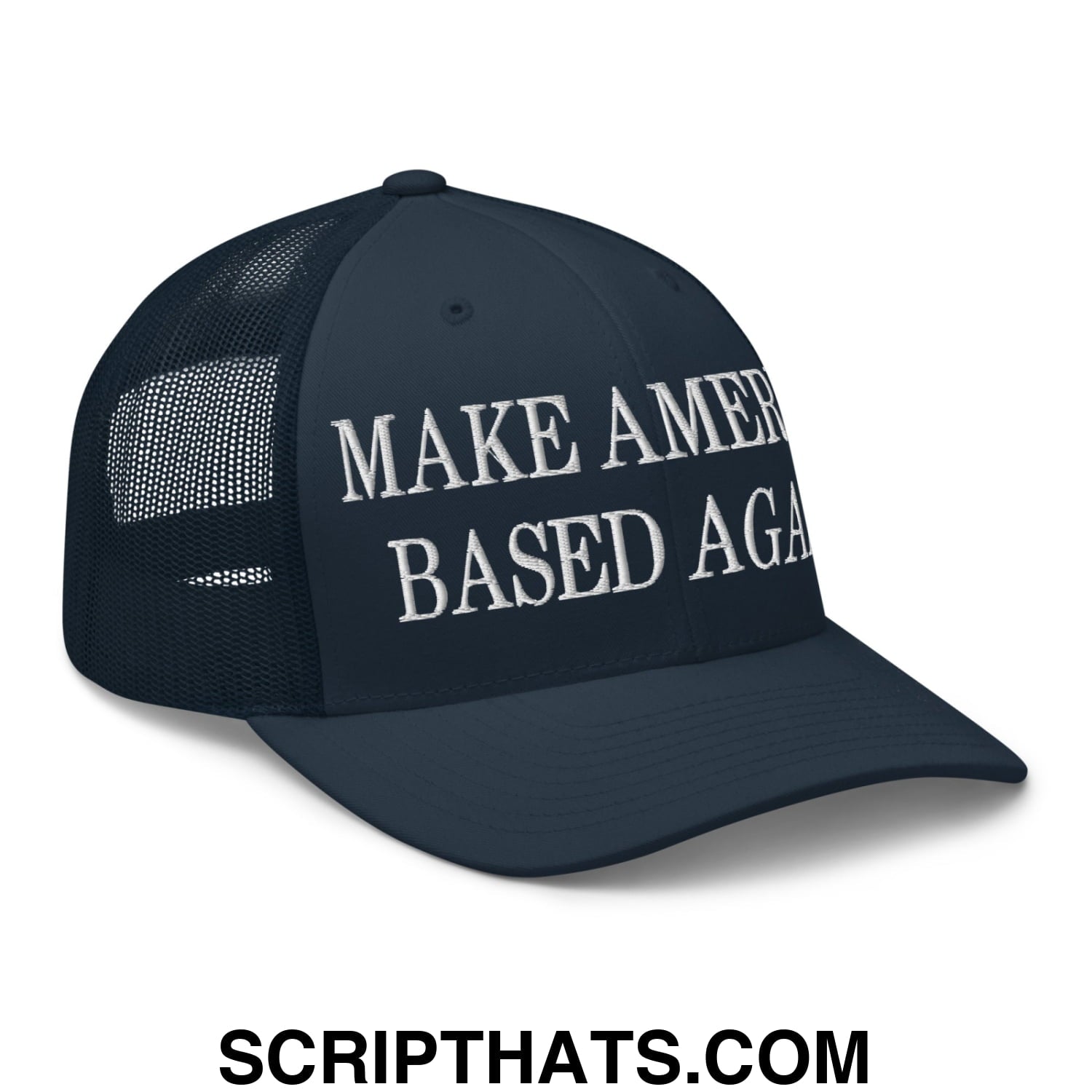 Dark navy blue mesh trucker hat with white embroidered make america based again text on front panels