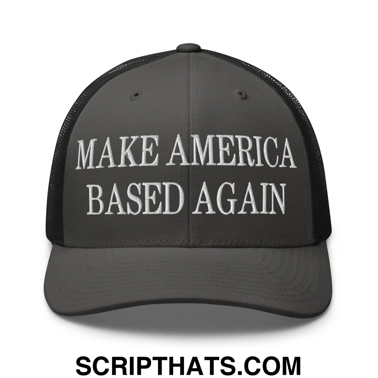 Dark gray mesh trucker hat with white embroidered make america based again text on the front panel