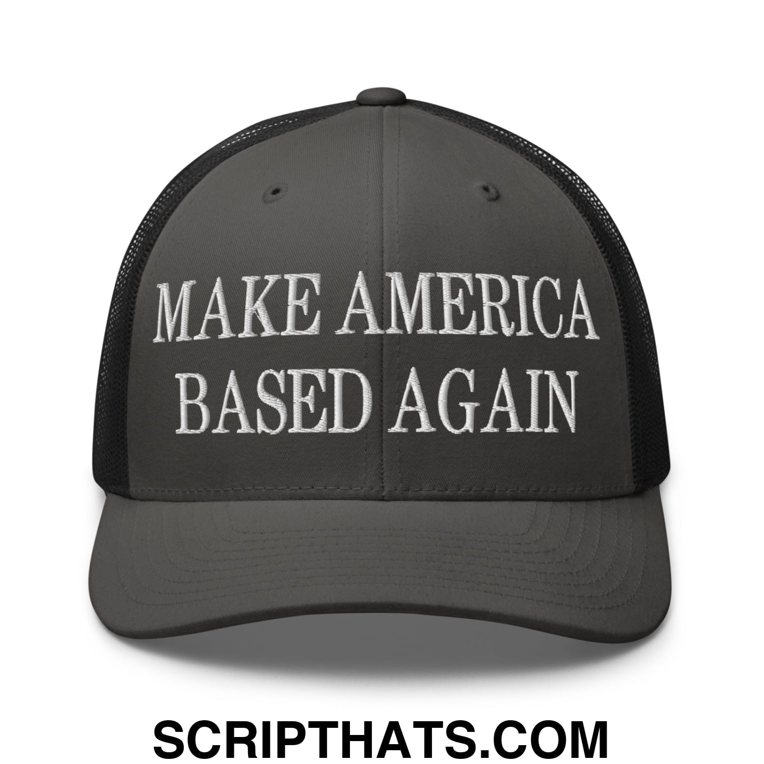 Dark gray mesh trucker hat with white embroidered make america based again text on the front panel