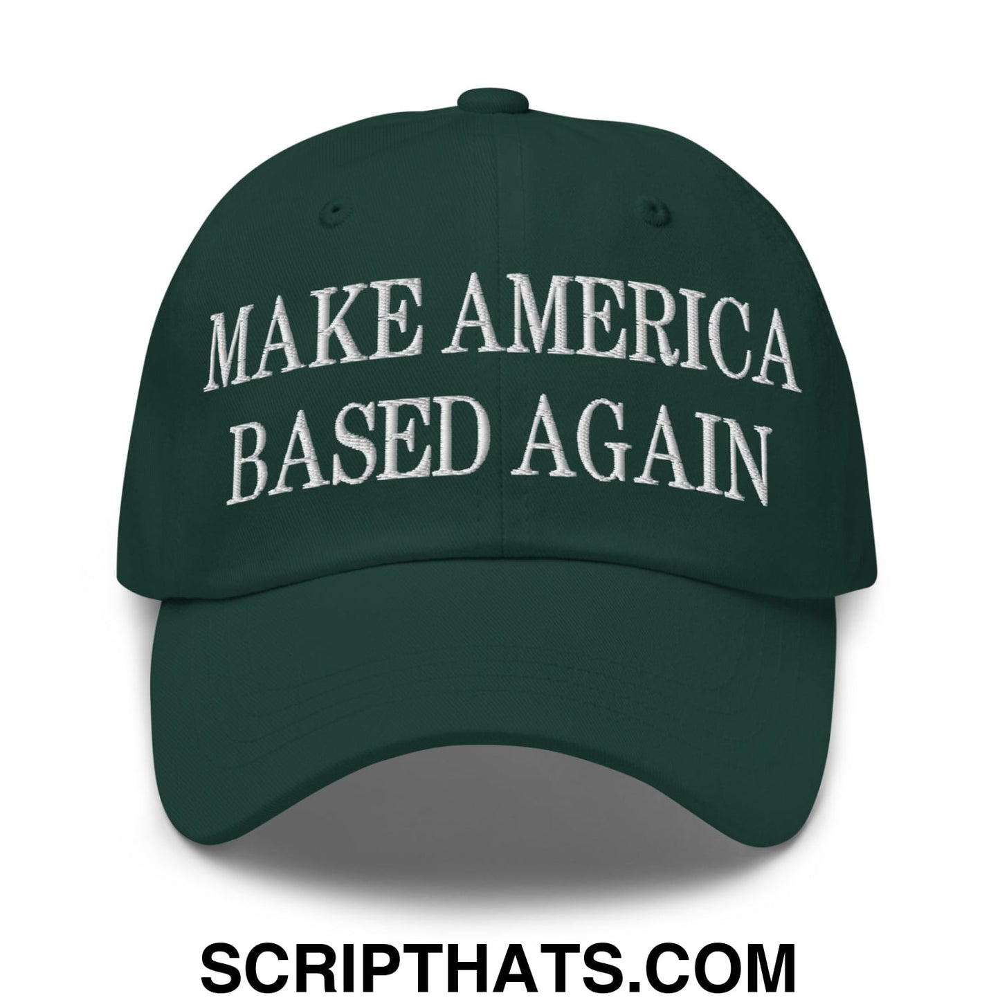 Dark green embroidered unstructured dad hat with white make america based again text for casual wear