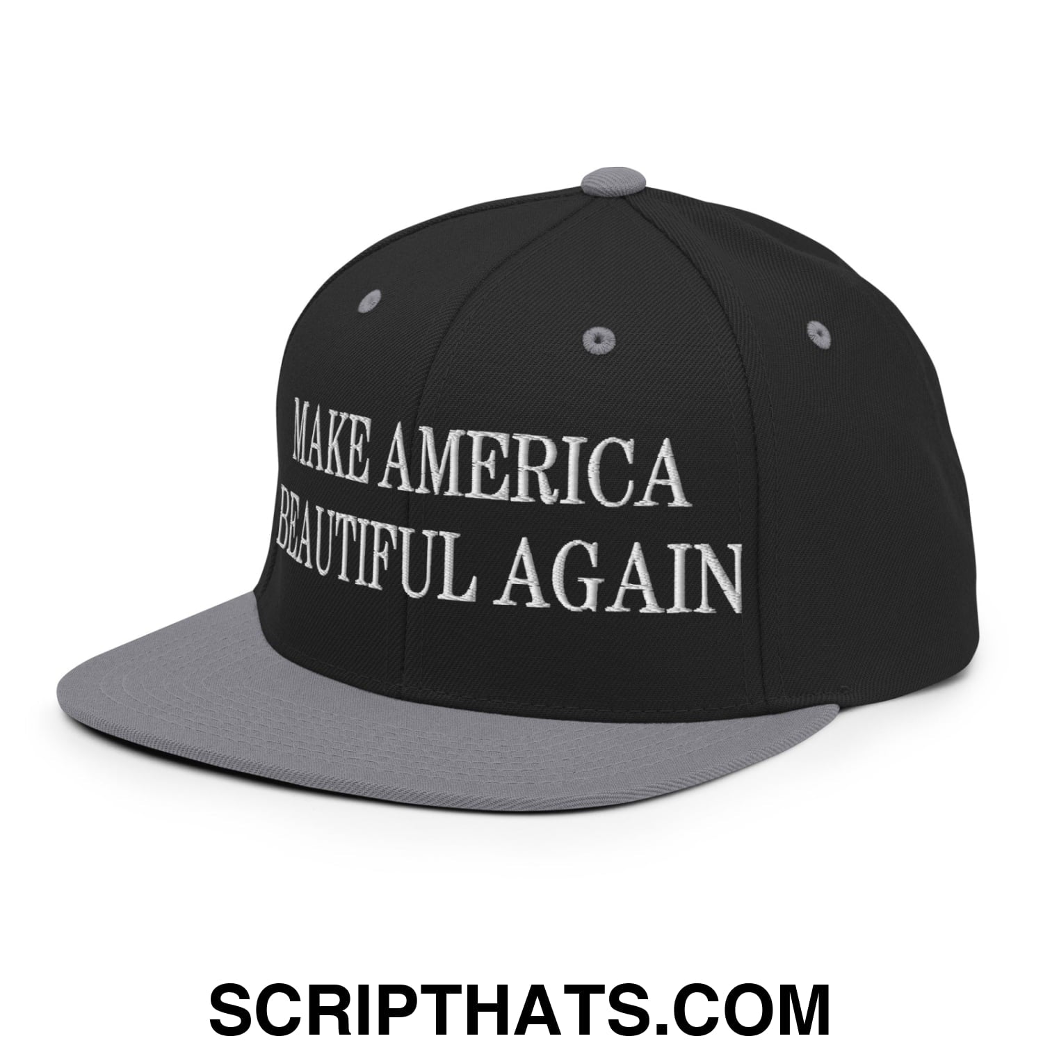 Black and gray snapback hat with white embroidered text make america beautiful again and flat bill brim design